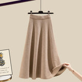 Women Autumn Winter Warm Knitted Two Pieces Sets Korean Long Sleeve Pullover Sweater Top And High Waist Knitting Skirts
