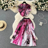 Blooming Printed Skirt Suit Women's New Thread Temperament Half-high Collar Top + Pleated Skirt Two-piece Set-Outfit