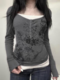 Fongt Homologous Retro Butterfly Print Color And Fake Two T-Shirts And Hot Girls Thin Knitted Tops