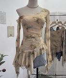 Personality Tie-Dye-Print Oblique Shoulder Dress Repair Irregular Lotus Horn Long-Sleeved Mesh T-Shirt