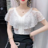 Lace Blouse 2022 Summer New Sexy Off-shoulder Ruffle Tops Simple V-neck Black Shirts Casual 3XL Blusas Mujer