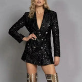 Fongt Fashion V-Neck Temperament Blazer Double-D Row Black Brighten Long