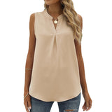 Solid Color Chiffon Leisure Shirt Loose V-neck Pullover Sleeveless Top