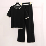 Fongt Simple Fashion Round-Neck Short-Sleeved Knitted Shirt High Waist Thin Trousers Pit Knitted Two-Piece