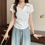 Embroidered Bow Polo Collar Short Sleeve Tee-Outfit