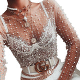 Fongt New Explosion Super Fairy Sexy Lace Jersey Bright Diamond Inside And Outside Wearing Mesh Long-Sleeved Top