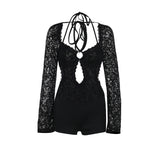 Fongt Autumn 2024 New Temperament Sexy Lace Long-Sleeved Conjoined Shorts