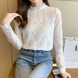 Spring Embroidery Flowers Blouses Stand Collar Long Sleeve Women Tops Loose White Elegant Lace Blouse Ladies Shirts