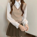 Fongt New College Style With Long-Sleeved Shirt Women's Short Splicing Fake Two Knitted Vest Tops Women's