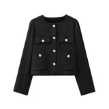 Fongt Women's Solid Color Coat 2025 Spring Commuter Leisure Buckle Dress Short Long-Sleeved Round-Neck Suit