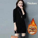 Turtleneck Mid-length Sweater Women Winter Add Velvet Slim Knit Tops Korean Ribb Pullover Warm Knitwear Bottomed