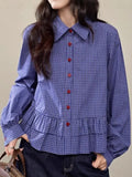 Fongt Plaid Shirt Woman 2025 Spring New Thin Soft Leaf Side Long-Sleeved Shirt Blouse Short Autumn