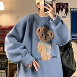 Hop Lamb Fleece Bear Cute Embroidery Oversized Sweater Men Couples O-neck Soft Winter Knitted Pullover Winter Kawaii