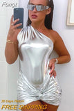 Piece Set Women Night Club Outfits Sexy Slant Shoulder Bright Bodysuits+High Waist Ruched Twist Mini Skirts 2023 Spring