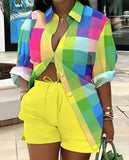 Spring Summer Fashion Printing Two Piece Set Women Casual Button Shirt Drawstring Short Sleeve Two Piece Set Women-Outfit