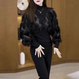 Tassel Korean Blouse Autumn Winter Fake Two Pieces Patchwork Women's Clothing Solid Color Casual Half High Collar Shirt-Outfit