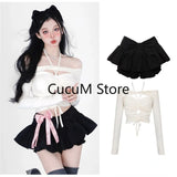 Spring Off Shoulder White Crop Top Women's Black Mini Pleated Skirt Cute Two 2 Piece Outfits for Shorts Set Women Shirts-Outfit
