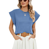 2024 New Round Collar Solid Color Shoulder-Inserted Sleeve Casual T-Shirt-Outfit