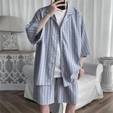 Summer Men Set Shirts and Shorts Lightweight Letter Striped Half Sleeve Knee-Length Baggy Short Oversize Suit Clothing