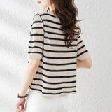 Striped Stylish Hollow Out Knitted T-shirt Female Clothing Casual O-Neck All-match Summer Commute Short Sleeve Pullovers-Outfit