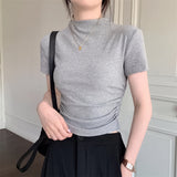 Fongt Collar Short-Sleeved T-Shirt Women's Summer 2024 New Bottom Shirt With Slim Short Student Pleated