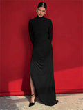 Turtleneck Long Sleeve Draped Slit Maxi Dress-Outfit