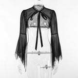 Vertical Collar Lace Splicing Strap Burnt Cuff Blouse Dark Wind Short Style Perspective Blouse Girl-Outfit