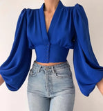 Fongt Explosion Spring New Temperament Button V-Neck Lantern Sleeve
