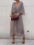Fongt New Women's Solid Color With Long Skirt Bat Sleeve Irregular Dress Large