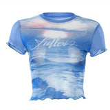 Sweet Wind Collar Bag Sleeve Cherry Cake Blue T-Shirt In Fashion Summer Wood Ear Exposed Umbilical Babes