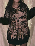 Skull Print Zip Up Oversized Hoodie-Outfit