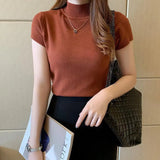 Knitted T-shirts Turnelneck Tees Plain Solid Knitted Short Sleeve Casual O-neck T-Shirts For Women 2020