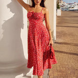 Red Floral Print Strap Split Midi Dress-Outfit