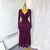 Fongt New Sexy Cross-Dress V-Neck Long Sleeves Elastic Mesh Hot Diamond Dress Female Elegant Dress