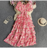 Fongt Floral And Haffin Dress Women's New Summer Bubble Short Sleeves To Close The Waist Thin Holiday High-End Cake Dress
