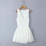 White Embroidery Hook V-neck Mini Dress-Outfit