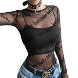 Fongt Letter Personality Print Perspective Sexy Mesh Long Sleeve T-Shirt Top Female-Outfit