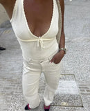 Deep V-Neck White Seam Top-Outfit