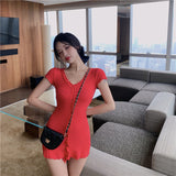 Korean Styles Short Sleeve Button Down Solid Color V-neck Party Mini Dress Feminina Bodycon Dress Robe