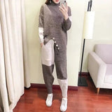 high collar Patchwork Knitted 2 Piece Sets Women Loose Design Split Pullover sweaters suits Splicing Harem Pants