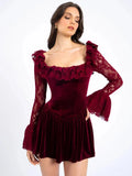 Red Velvet Long Sleeve Flare Mini Dress-Outfit