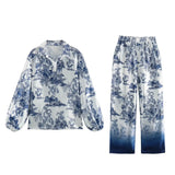Fongt Women's Shirt Loose Long-Sleeved Print + Tight High-Rise Pants Thin Literary Retro