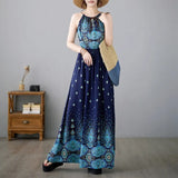 Fongt New Literary And Art-Print National Style Dress Sleeveless Sleeves Holiday Style Swinging Long Dress Hanging Neck