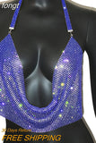 Shiny Rhinestone Crop Top For Women Sleeveless Backless Deep V Neck Tank Top See Through Adjustable Camisole Club