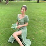 Floral Bohemia Dress Women French Style Chiffon Split Fairy Dress Female Sexy Elegant Beach Boho Korean Dress 2023