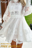 Lady Patchwork Button Round Neck Dress Elegant Women Slim Fit Summer Solid Dress Office Lace Long Sleeve Mini Dress