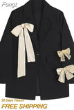 Women's Blazer Long Sleeve Black Suit Coats Bow Lace-Up Design 2023 Autumn New Casual Jacket Office Lady Loose Suit