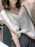 Summer New Thin Hollowed-Out V-Collar Knitted Blouse Vest Blouse-Outfit