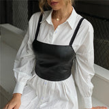 Street Clubwear Vest Ladies Sexy PU Leather Sling Straps Camisoles Solid Black Backless Elastic Zipper Crop Tops