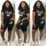 Summer Tracksuit Set Pink Letter Print Top + Biker Shorts Suits Bodycon Casual Two Piece Set Sport Outfits